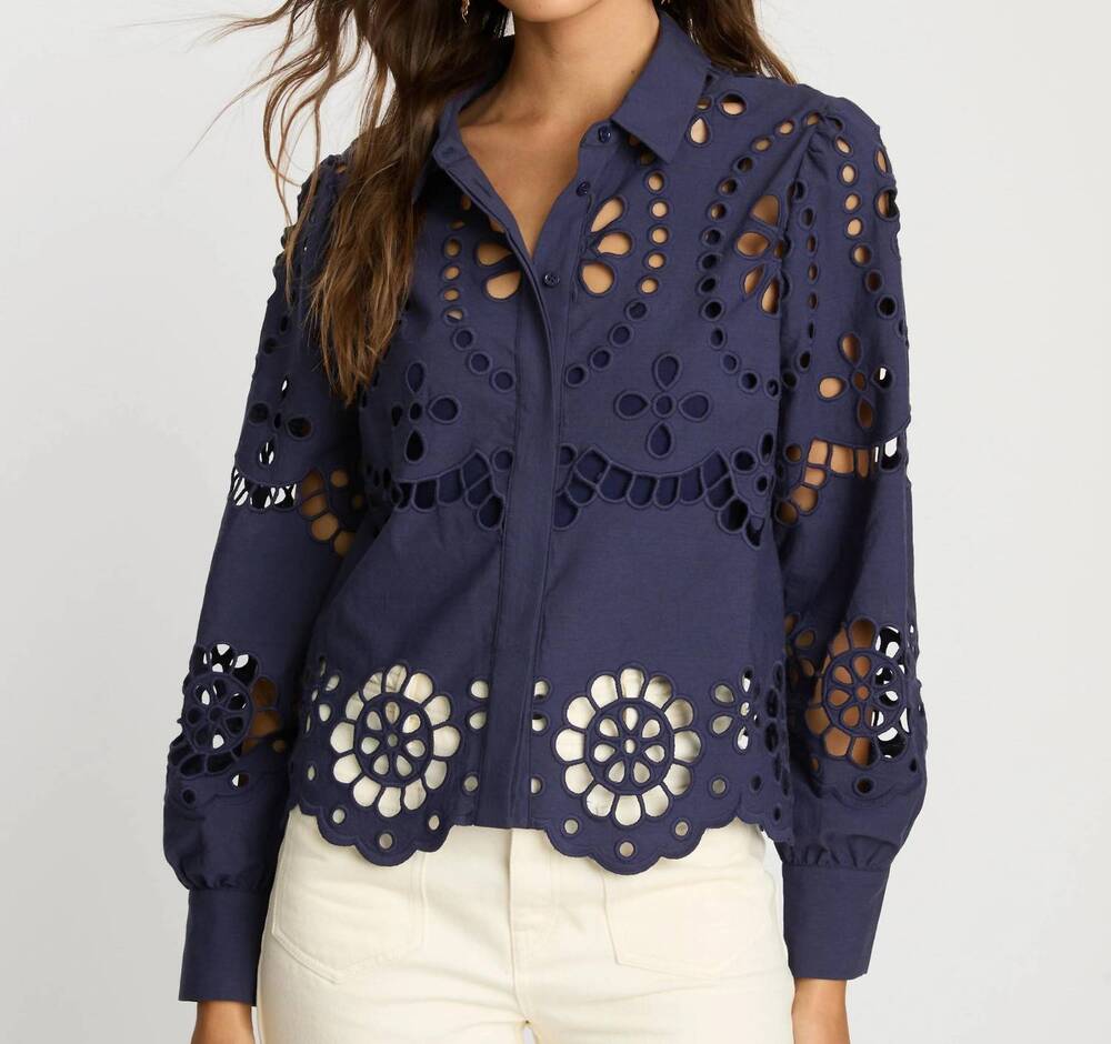 NEW CABALLERO emmie button-down blouse in navy eyelet lace